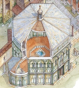 Santa Reparata con visione del fonte battesimale e del recinto che lo cingeva (Illustrazione: Massimo Tosi) 